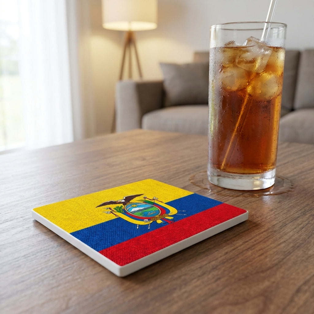 Ecuador Flag Pride ceramic coasters set of 4, lifestyle