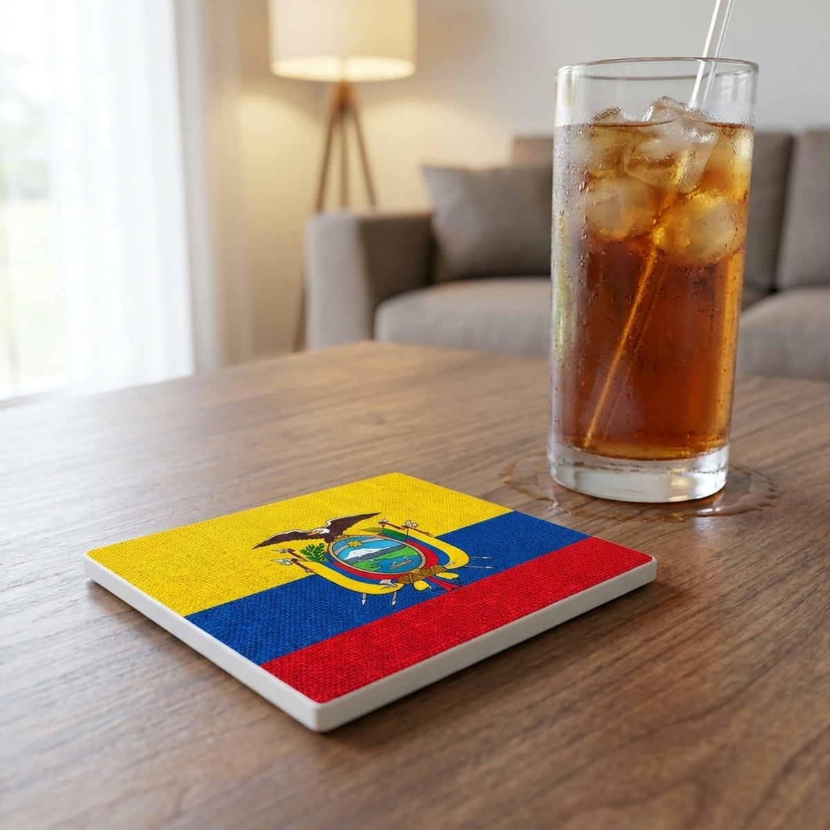 Ecuador Flag Pride ceramic coasters set of 4, lifestyle