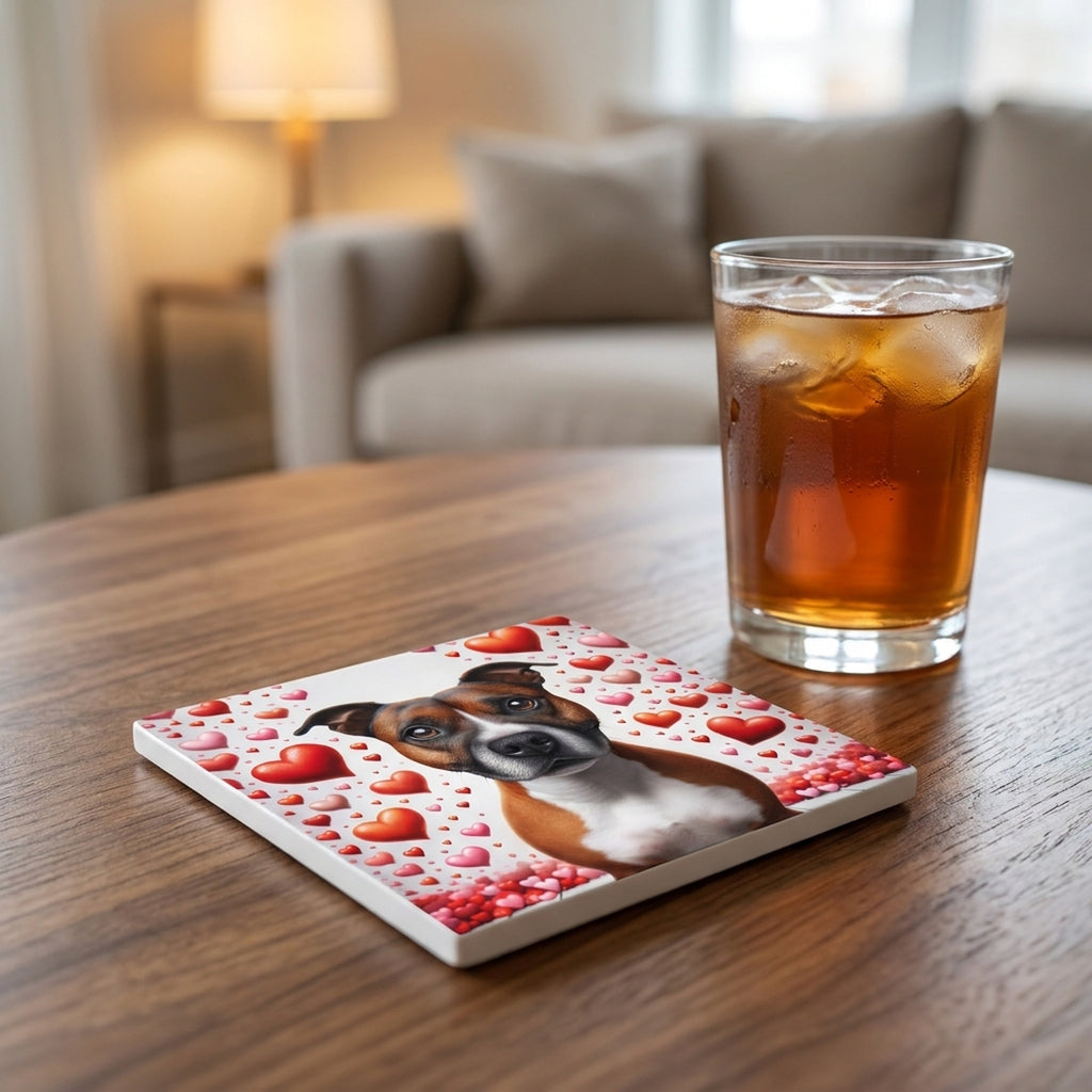 Staffordshire Bull Terrier ceramic coasters set of 4, lifestyle