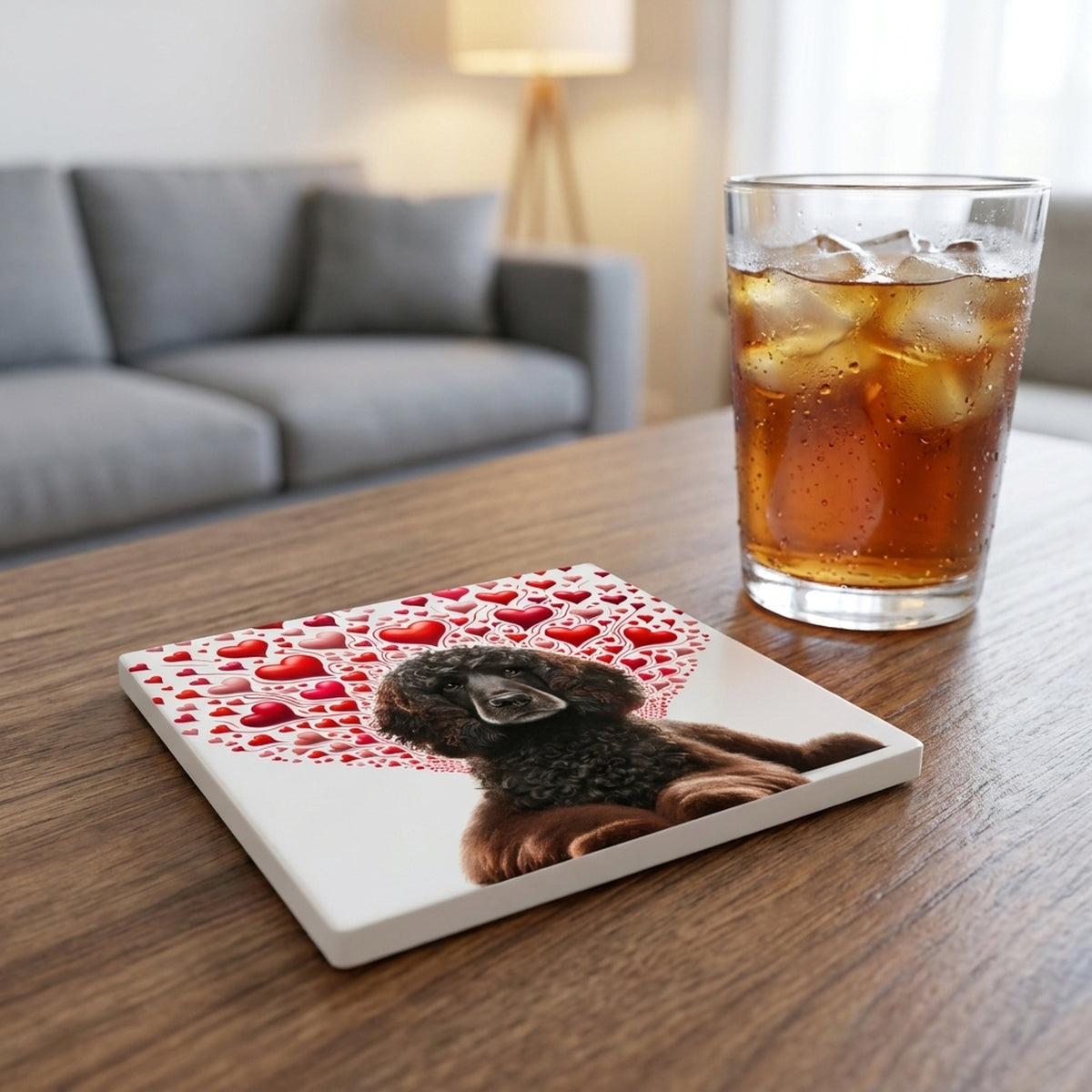 Irish Water Spaniel ceramic coasters set of 4, lifestyle