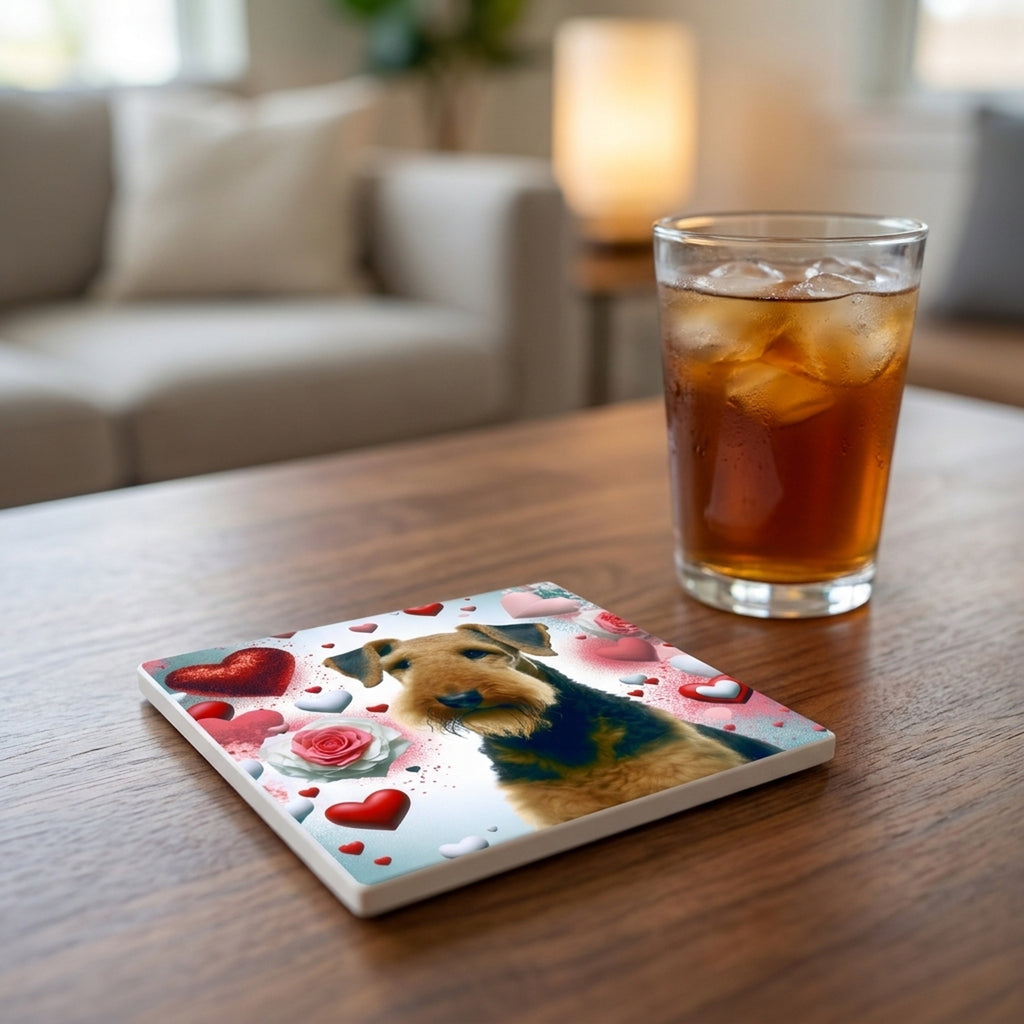 Airedale Terrier ceramic coasters set of 4, lifestyle