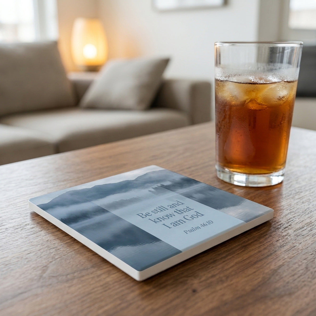 Be Still Psalm 46:10 ceramic coasters set of 4, lifestyle