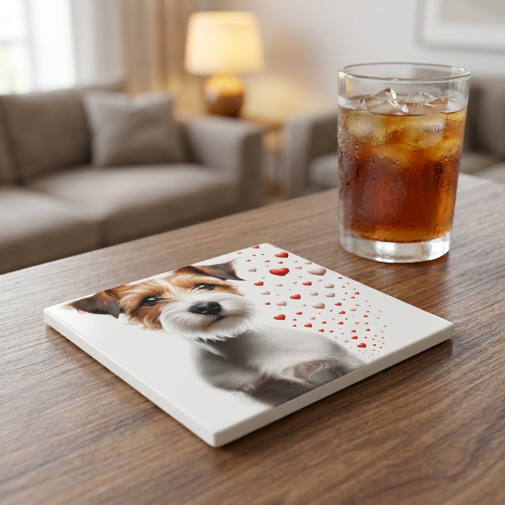 Jack Russell Terrier ceramic coasters set of 4, lifestyle