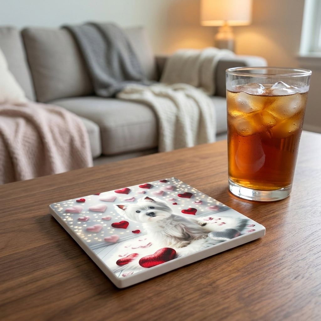 West Highland White Terrier ceramic coasters set of 4, lifestyle