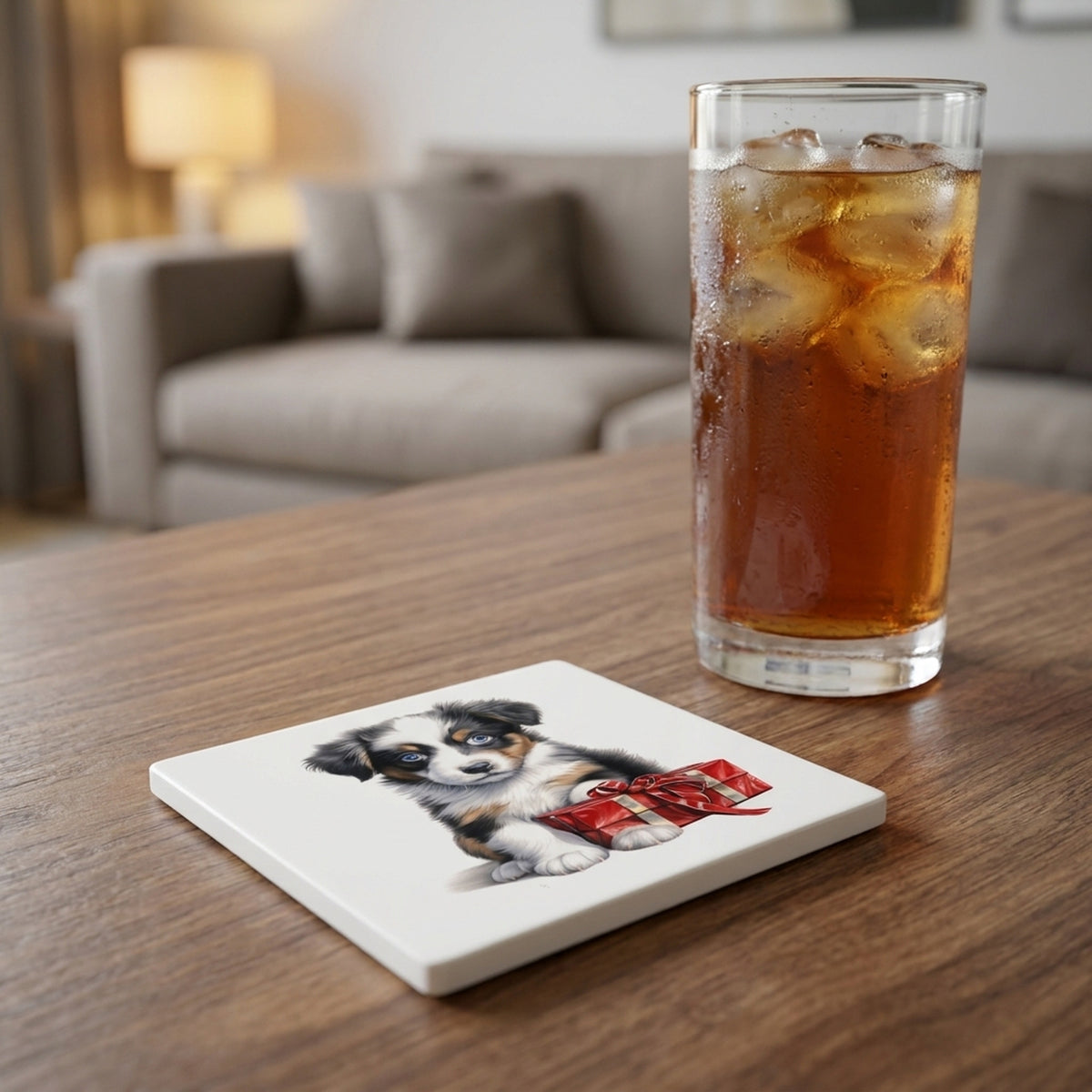 Miniature American Shepherd Puppy Drawing ceramic coasters set of 4, lifestyle