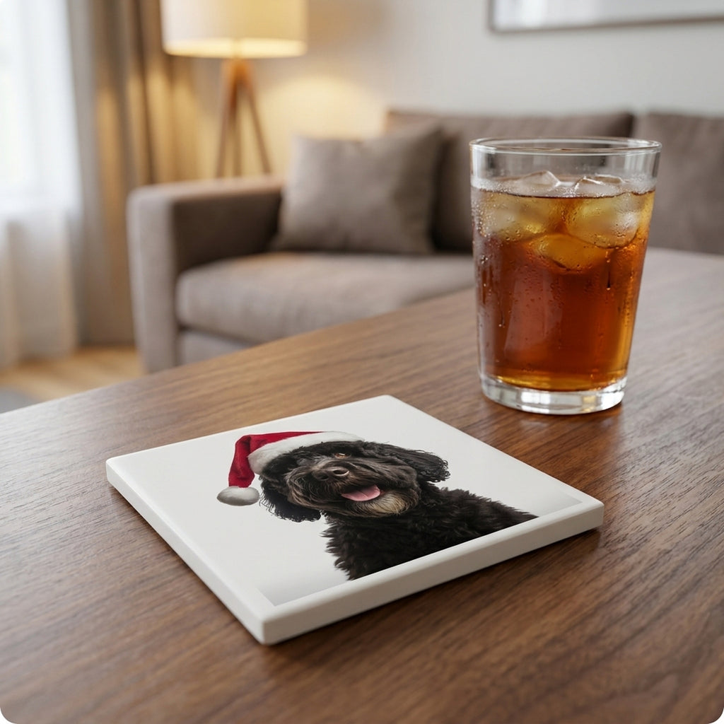 Portuguese Water Dog ceramic coasters set of 4, lifestyle