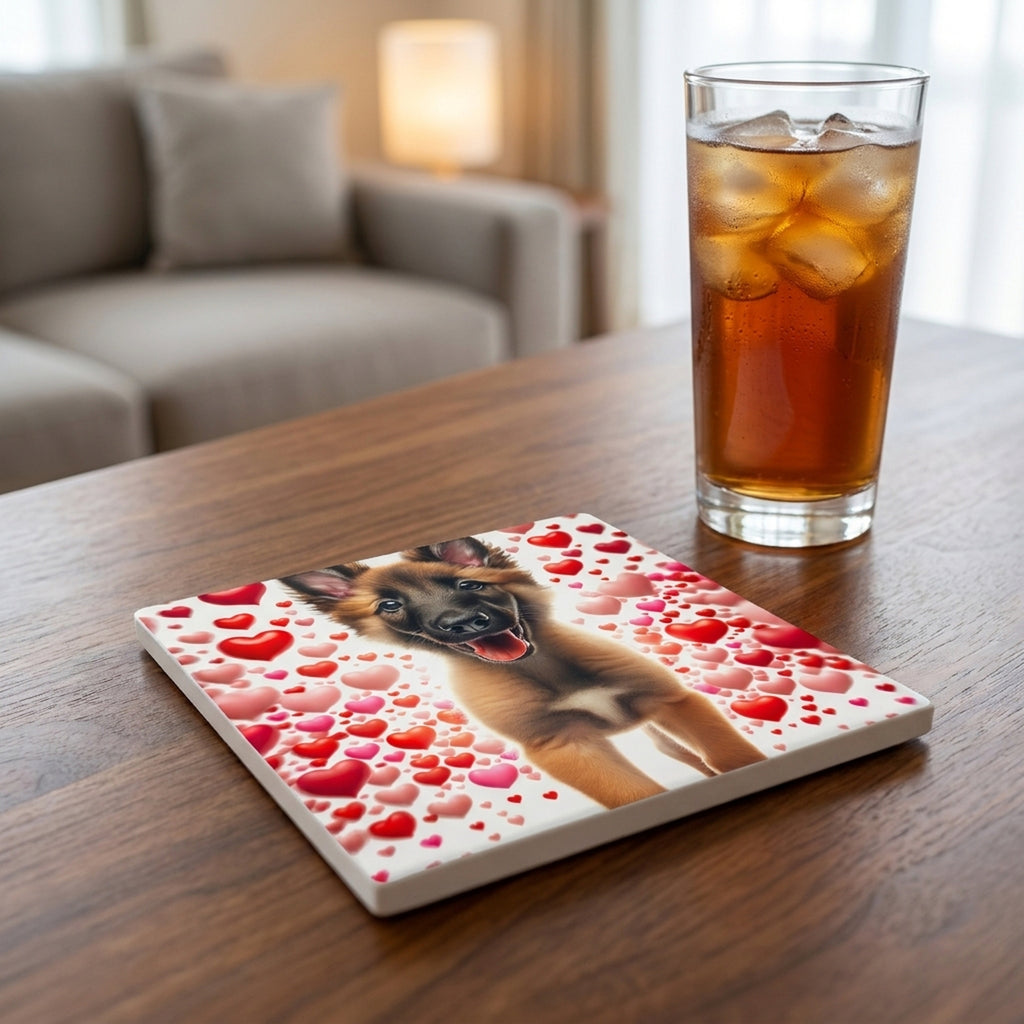 Belgian Malinois ceramic coasters set of 4, lifestyle