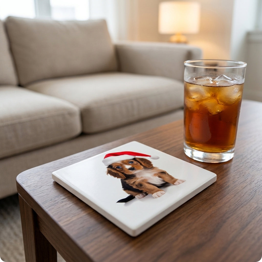 Cavalier King Charles Spaniel Puppy ceramic coasters set of 4, lifestyle