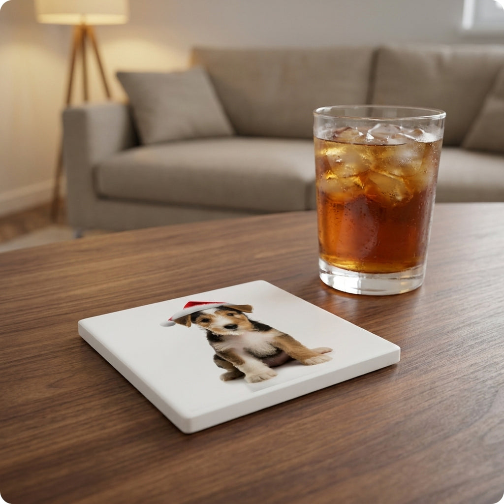 Wire Fox Terrier Puppy ceramic coasters set of 4, lifestyle