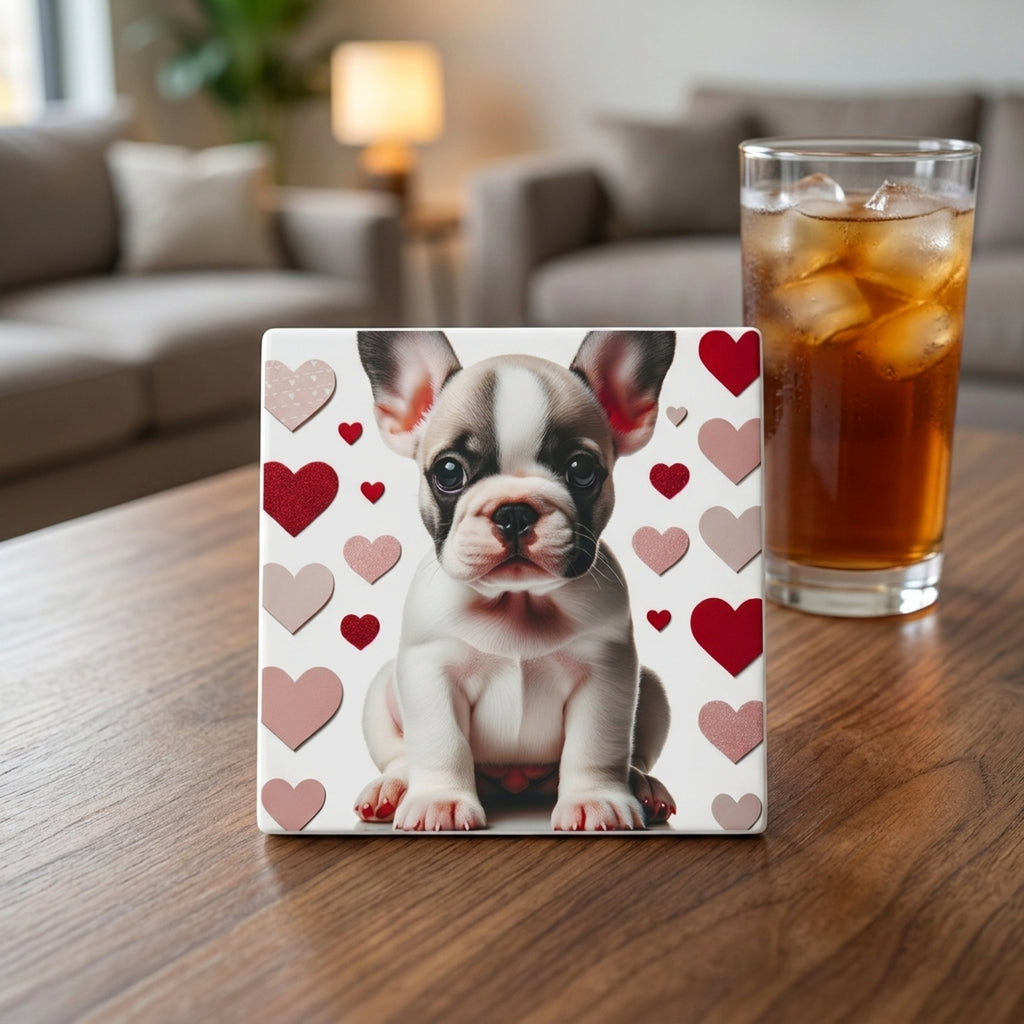 French Bulldog ceramic coasters set of 4, lifestyle