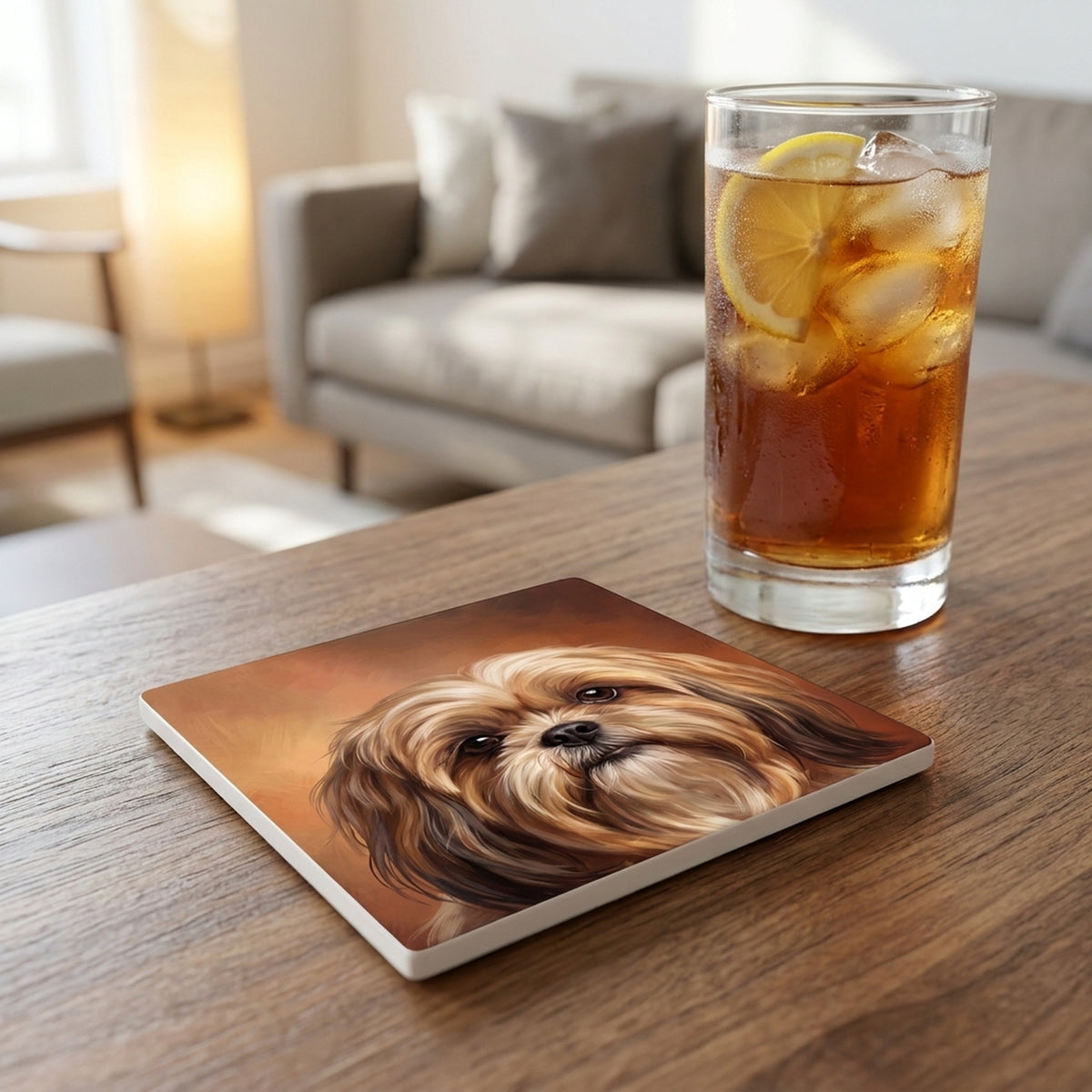 Shih Tzu Portrait ceramic coasters set of 4, lifestyle