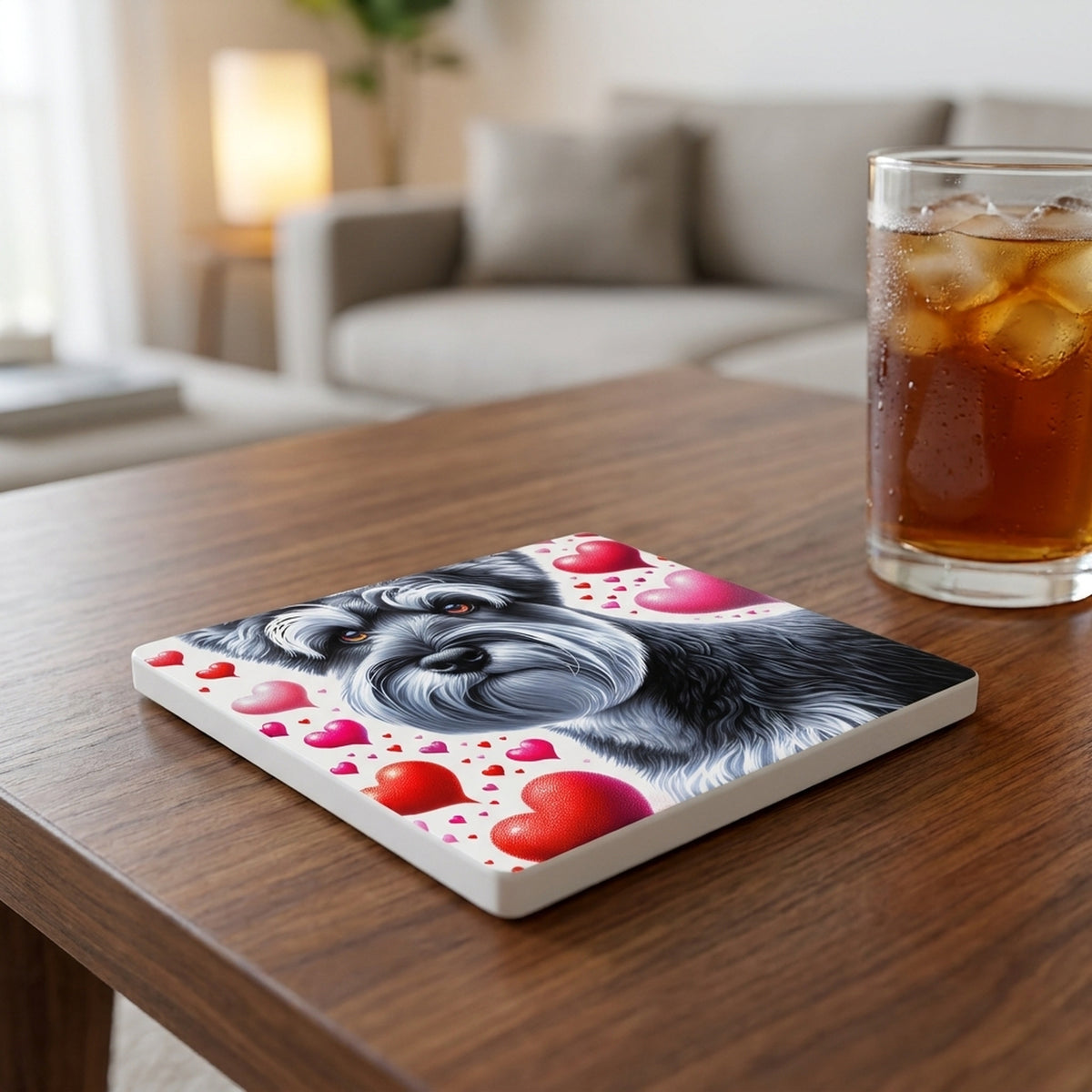 Miniature Schnauzer ceramic coasters set of 4, lifestyle