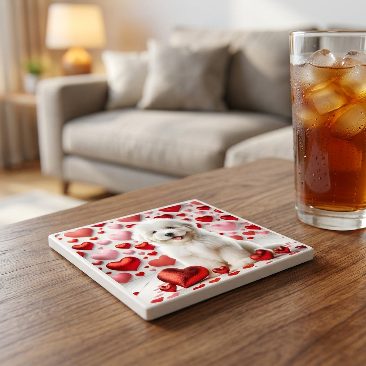 Great Pyrenees ceramic coasters set of 4, lifestyle
