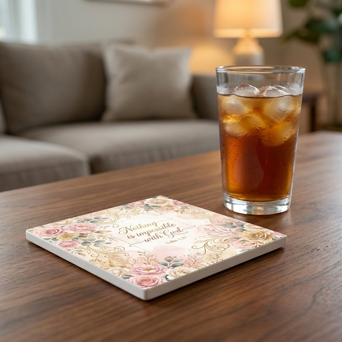 Luke 1:37 ceramic coasters set of 4, lifestyle