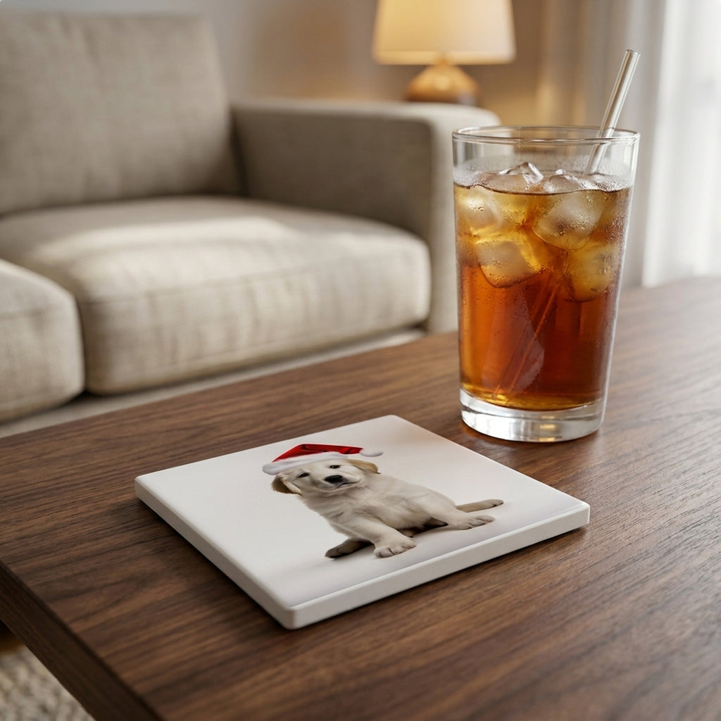 Great Pyrenees Puppy ceramic coasters set of 4, lifestyle