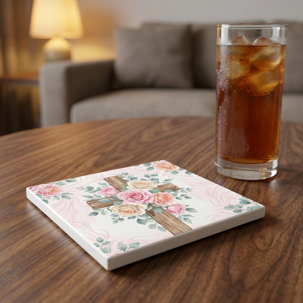 Floral Cross ceramic coasters set of 4, lifestyle