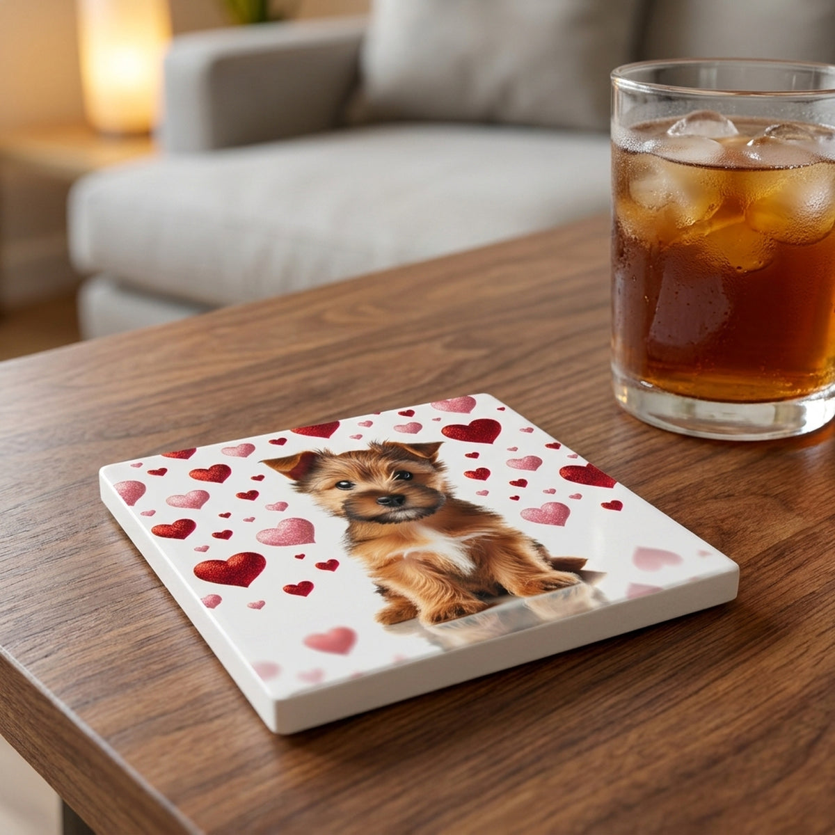 Norfolk Terrier ceramic coasters set of 4, lifestyle