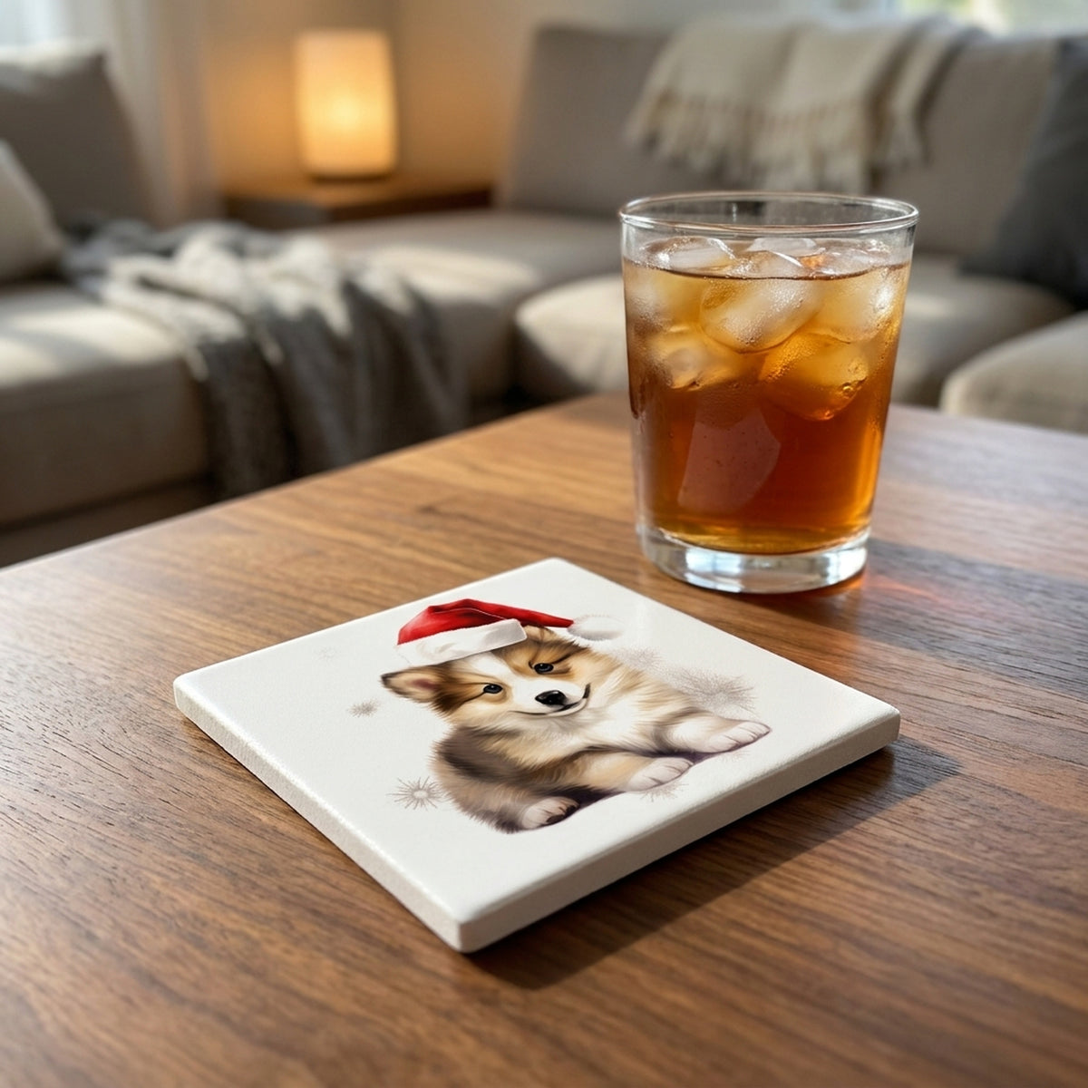 Icelandic Sheepdog Puppy Drawing ceramic coasters set of 4, lifestyle