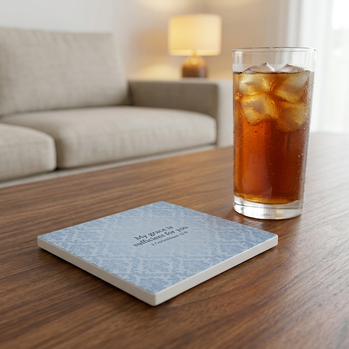 His Grace Is Sufficient ceramic coasters set of 4, lifestyle