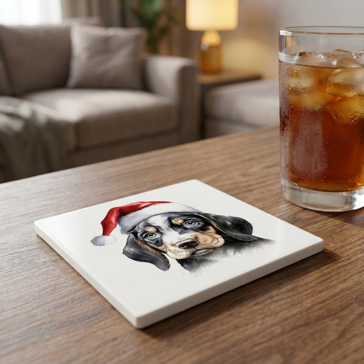 Bluetick Coonhound Puppy Drawing ceramic coasters set of 4, lifestyle