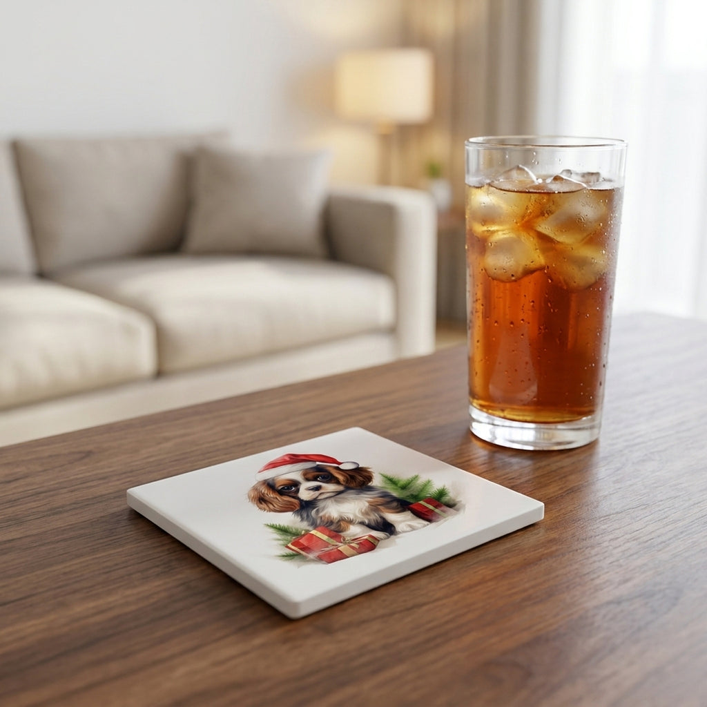 English Toy Spaniel Puppy Drawing ceramic coasters set of 4, lifestyle