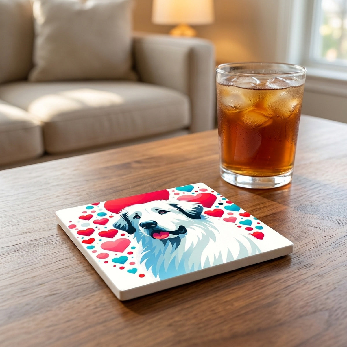 Great Pyrenees ceramic coasters set of 4, lifestyle