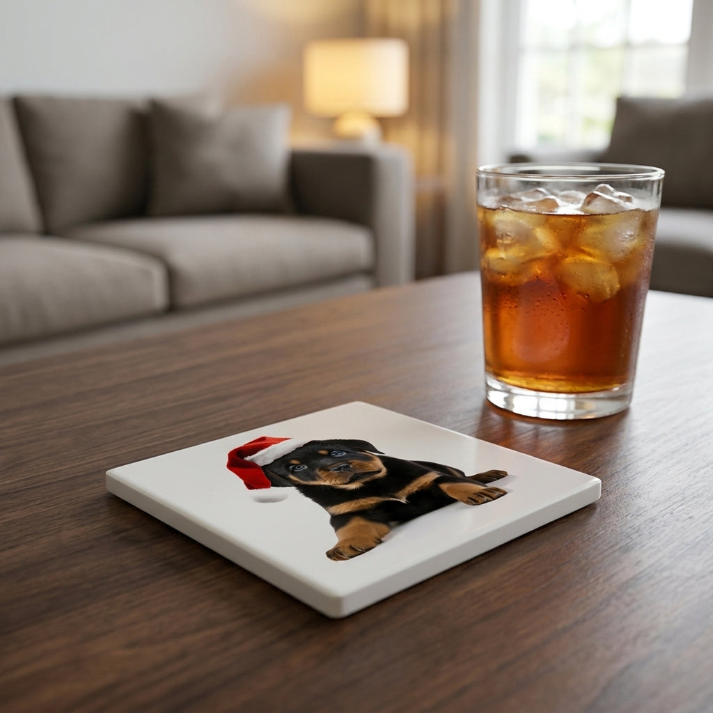Rottweiler Puppy ceramic coasters set of 4, lifestyle
