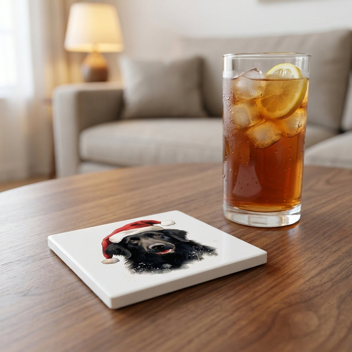 Flat-Coated Retriever ceramic coasters set of 4, lifestyle