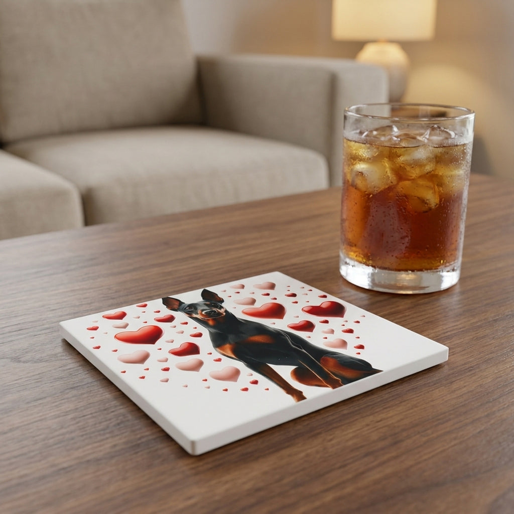 Doberman Pinscher ceramic coasters set of 4, lifestyle