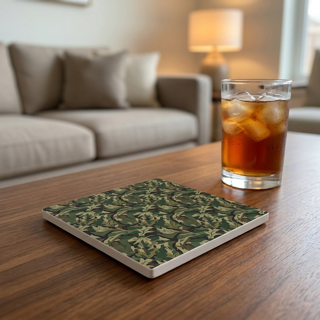 Green Camo ceramic coasters set of 4, lifestyle