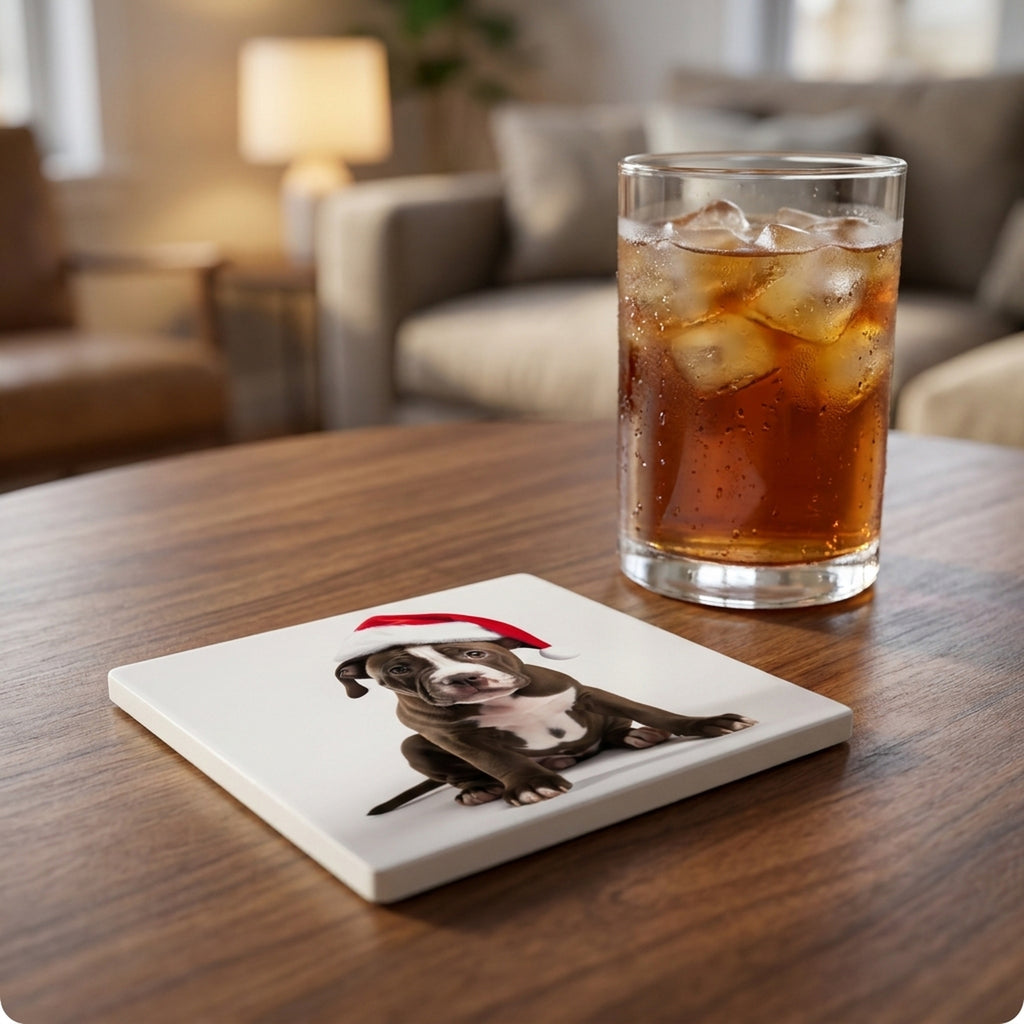 American Staffordshire Terrier Puppy ceramic coasters set of 4, lifestyle