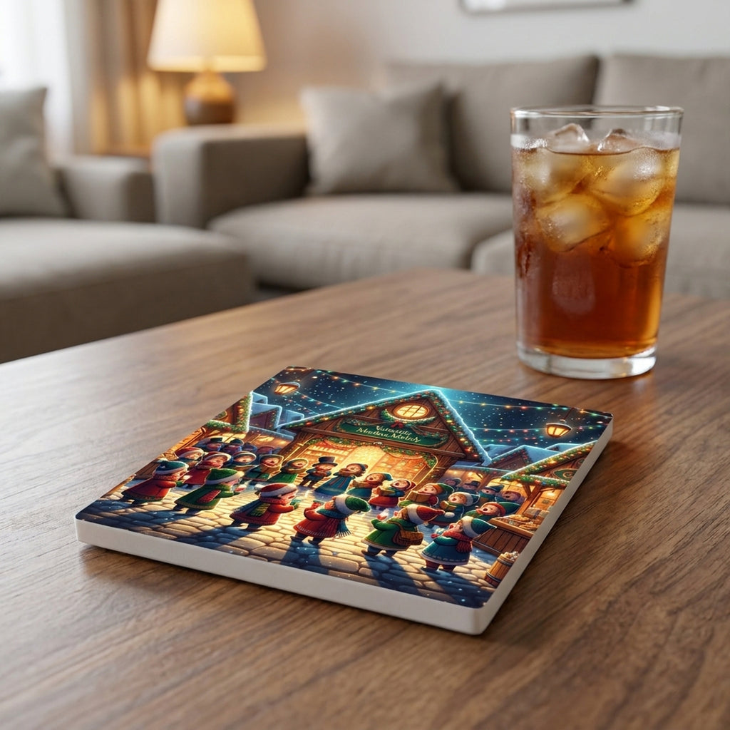 Christmas Market Carolers ceramic coasters set of 4, lifestyle