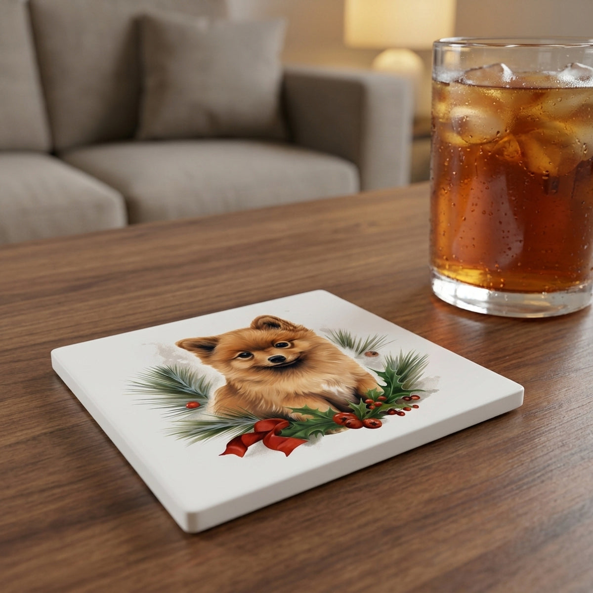 Finnish Spitz Puppy Drawing ceramic coasters set of 4, lifestyle