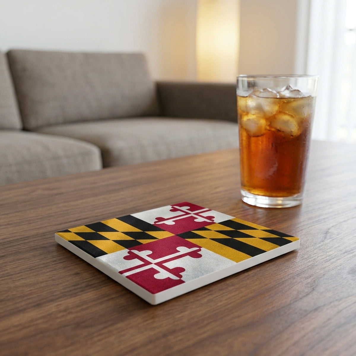 Maryland State Flag ceramic coasters set of 4, lifestyle