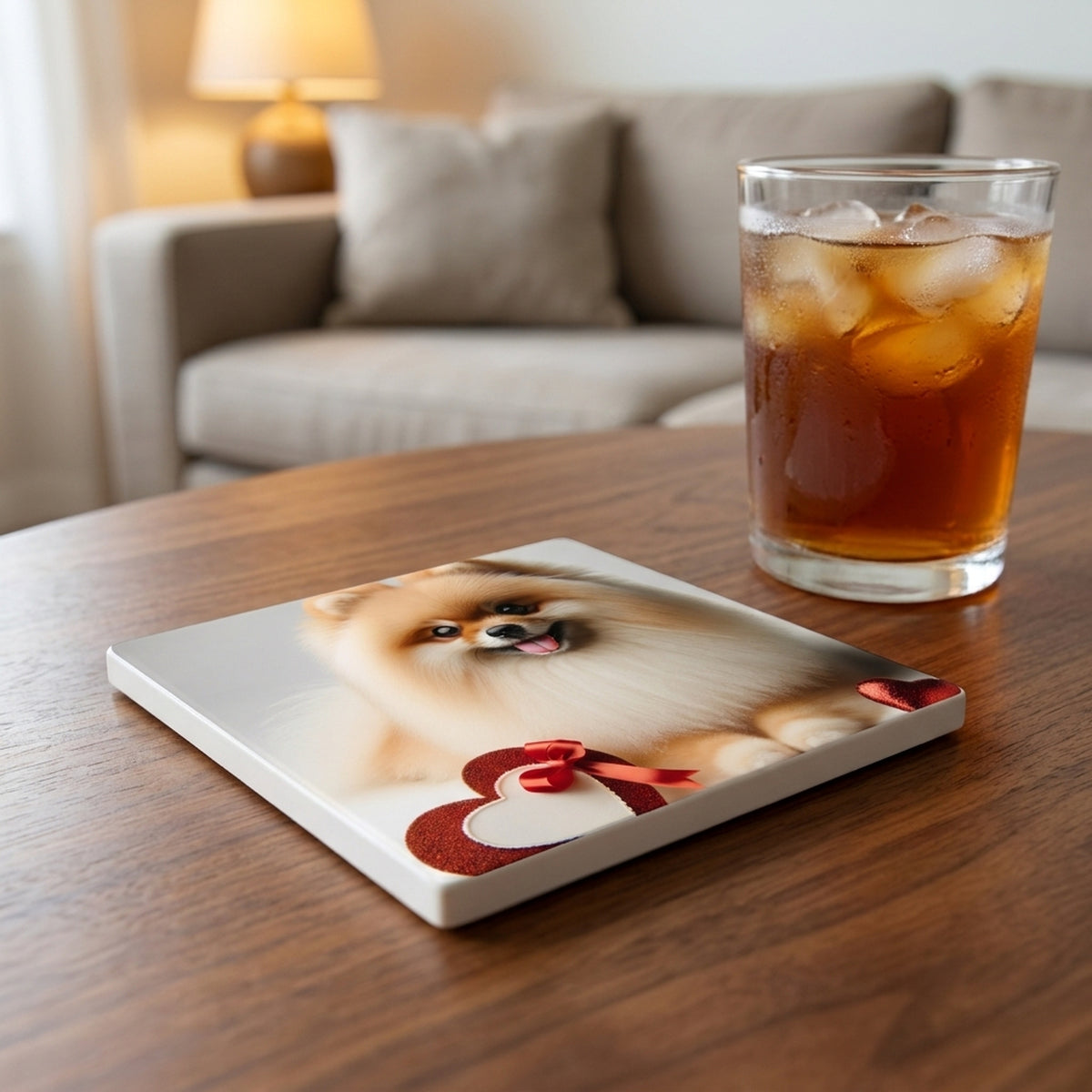 Pomeranian ceramic coasters set of 4, lifestyle