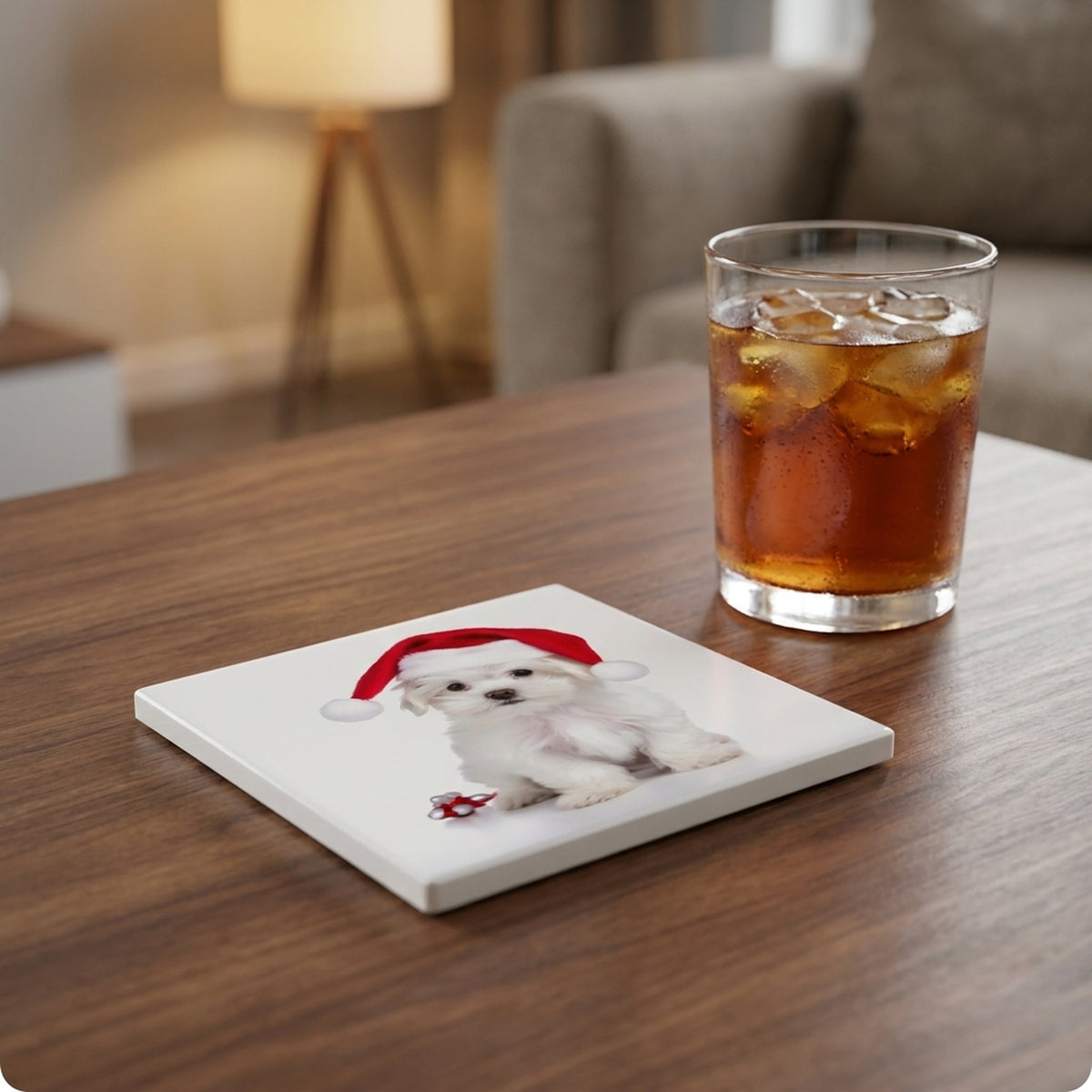 Maltese Puppy ceramic coasters set of 4, lifestyle