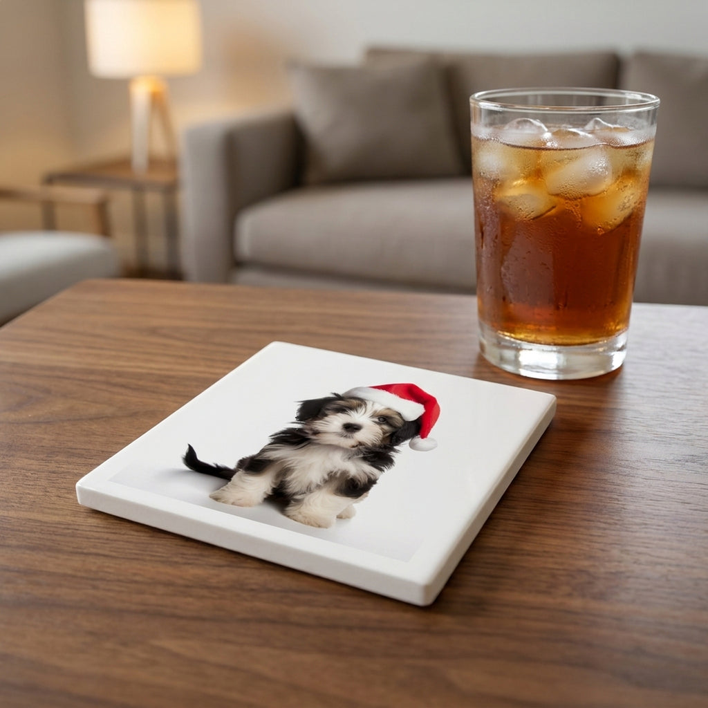 Tibetan Terrier Puppy ceramic coasters set of 4, lifestyle