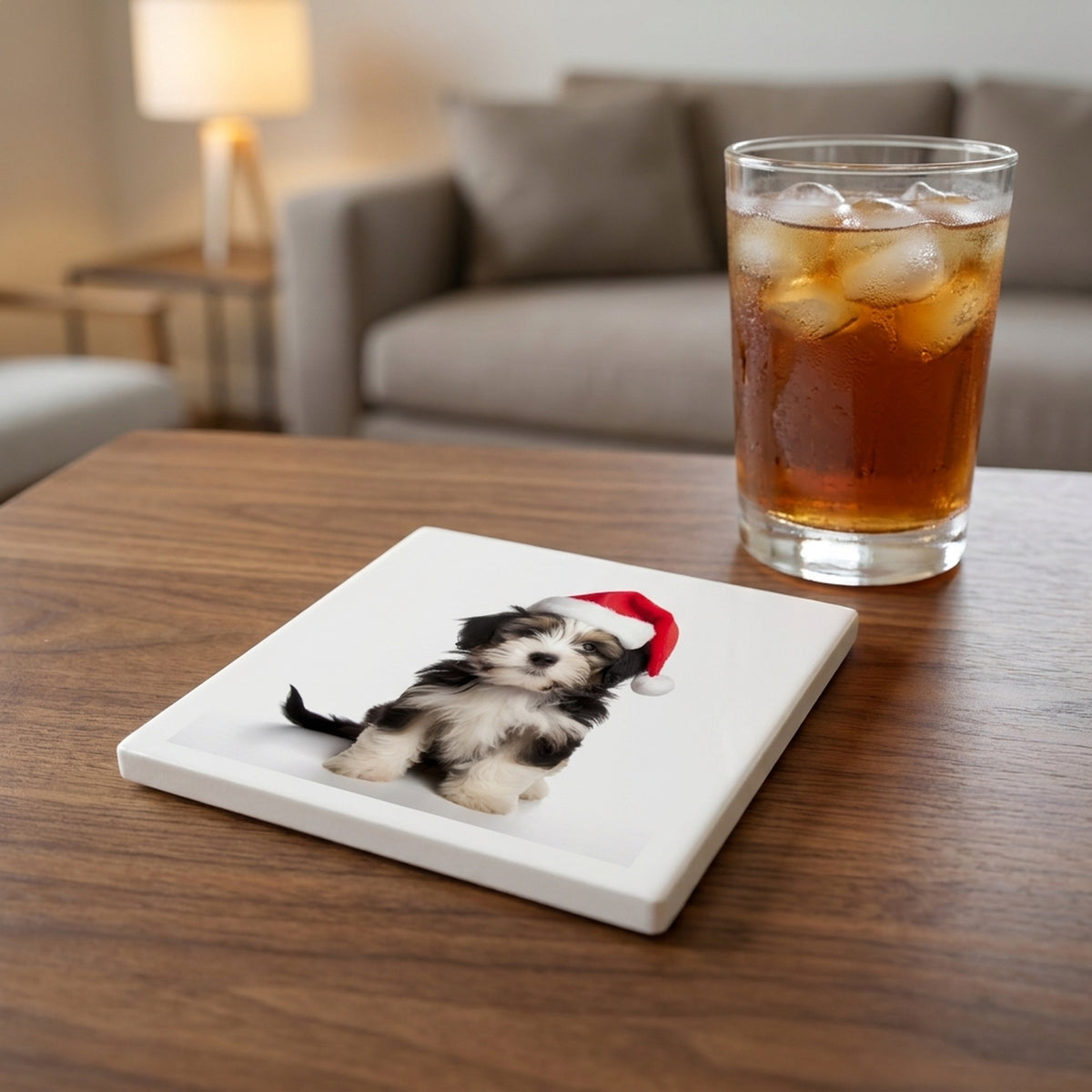 Tibetan Terrier Puppy ceramic coasters set of 4, lifestyle