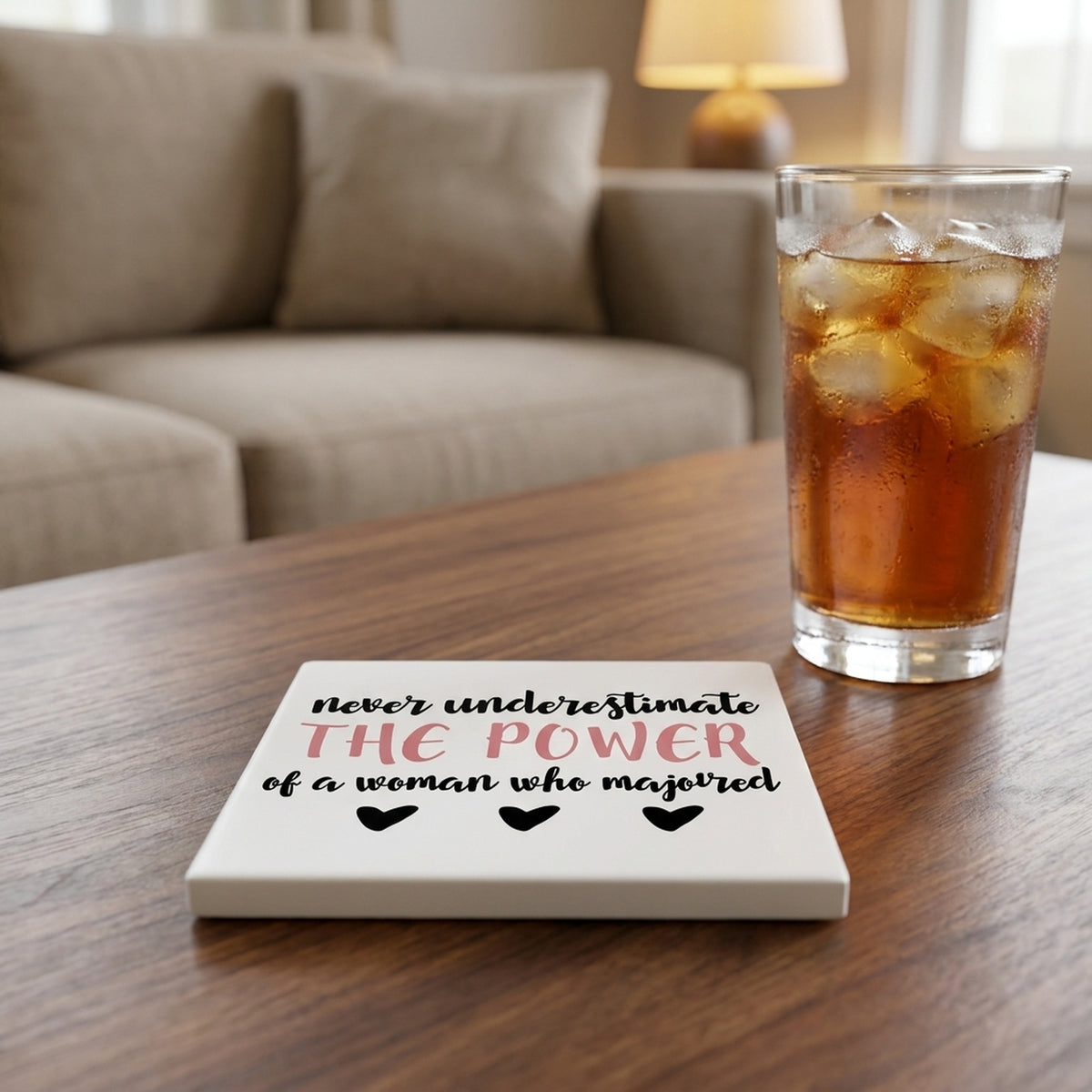 Never Underestimate Woman in Psychology ceramic coasters set of 4, lifestyle