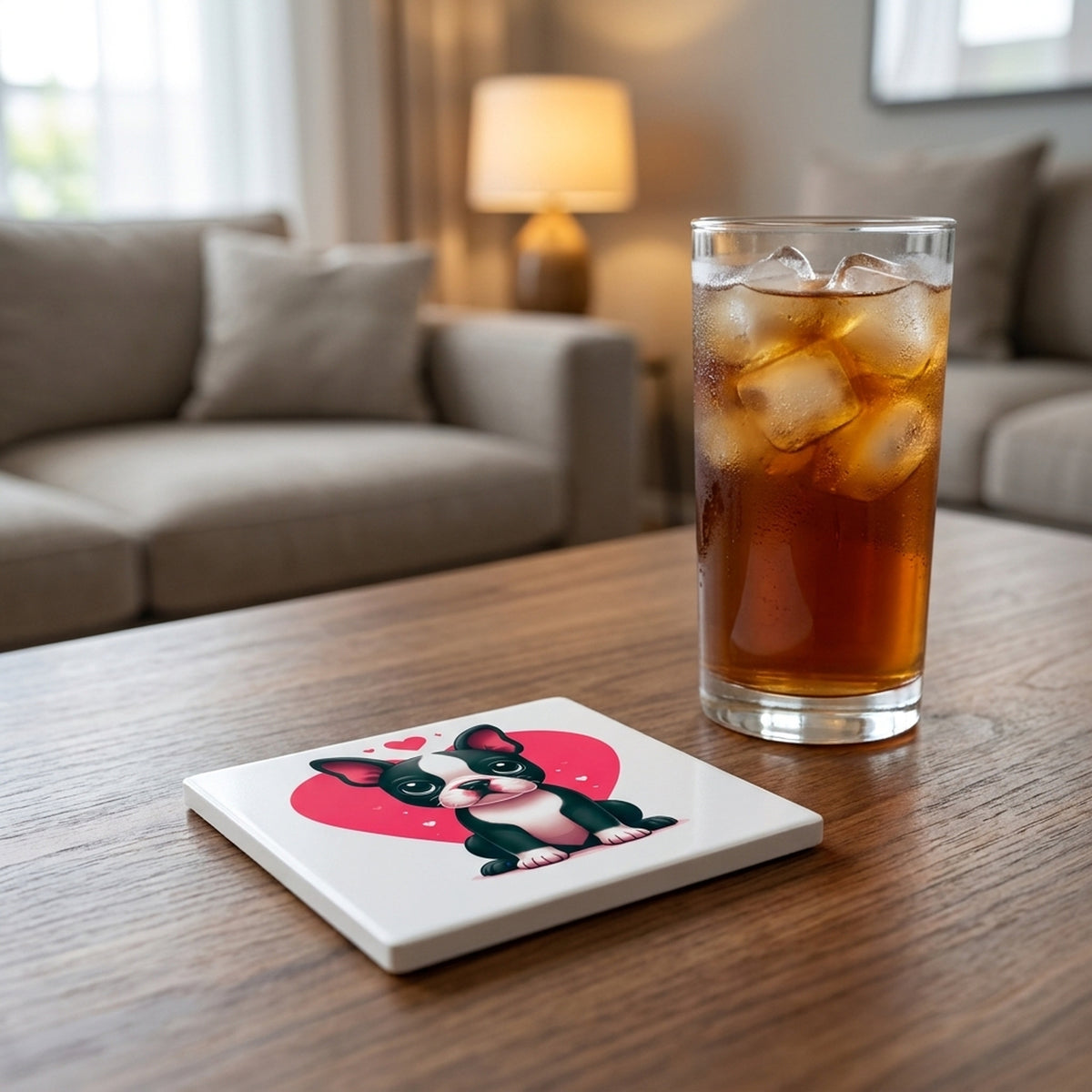 Boston Terrier ceramic coasters set of 4, lifestyle