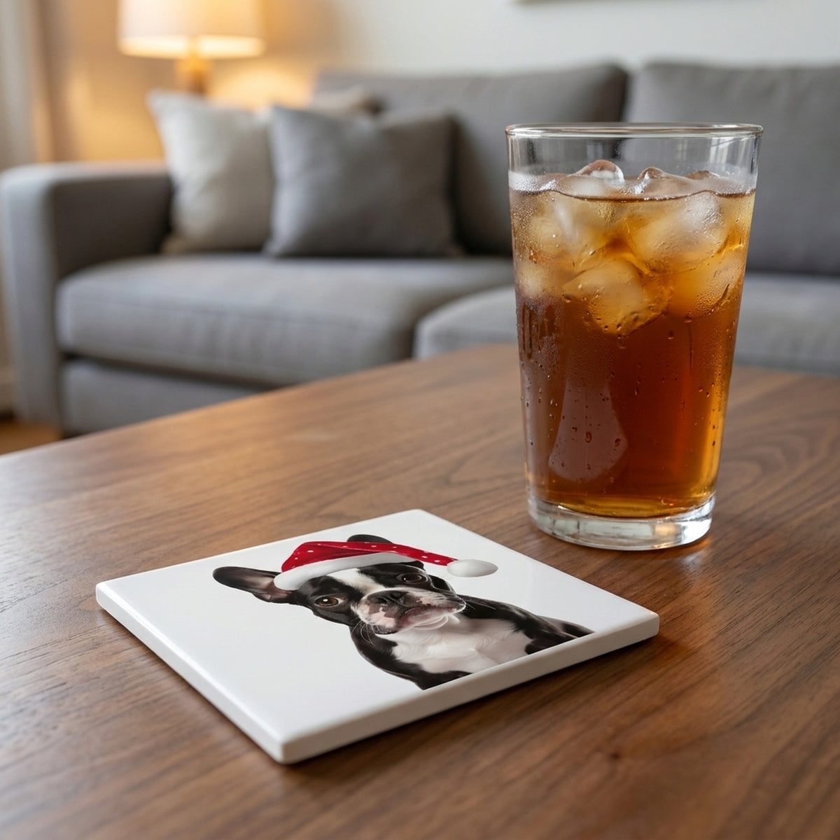 Boston Terrier ceramic coasters set of 4, lifestyle