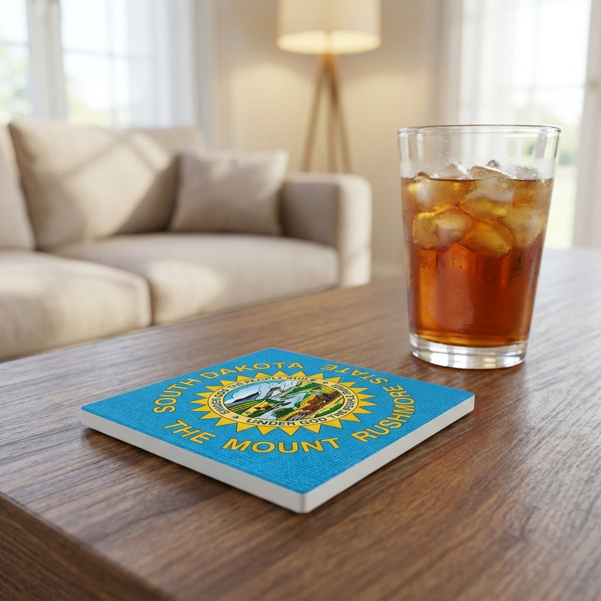 South Dakota State Flag ceramic coasters set of 4, lifestyle