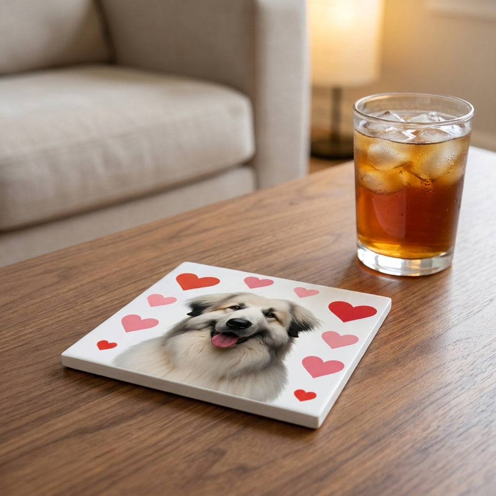 Great Pyrenees ceramic coasters set of 4, lifestyle