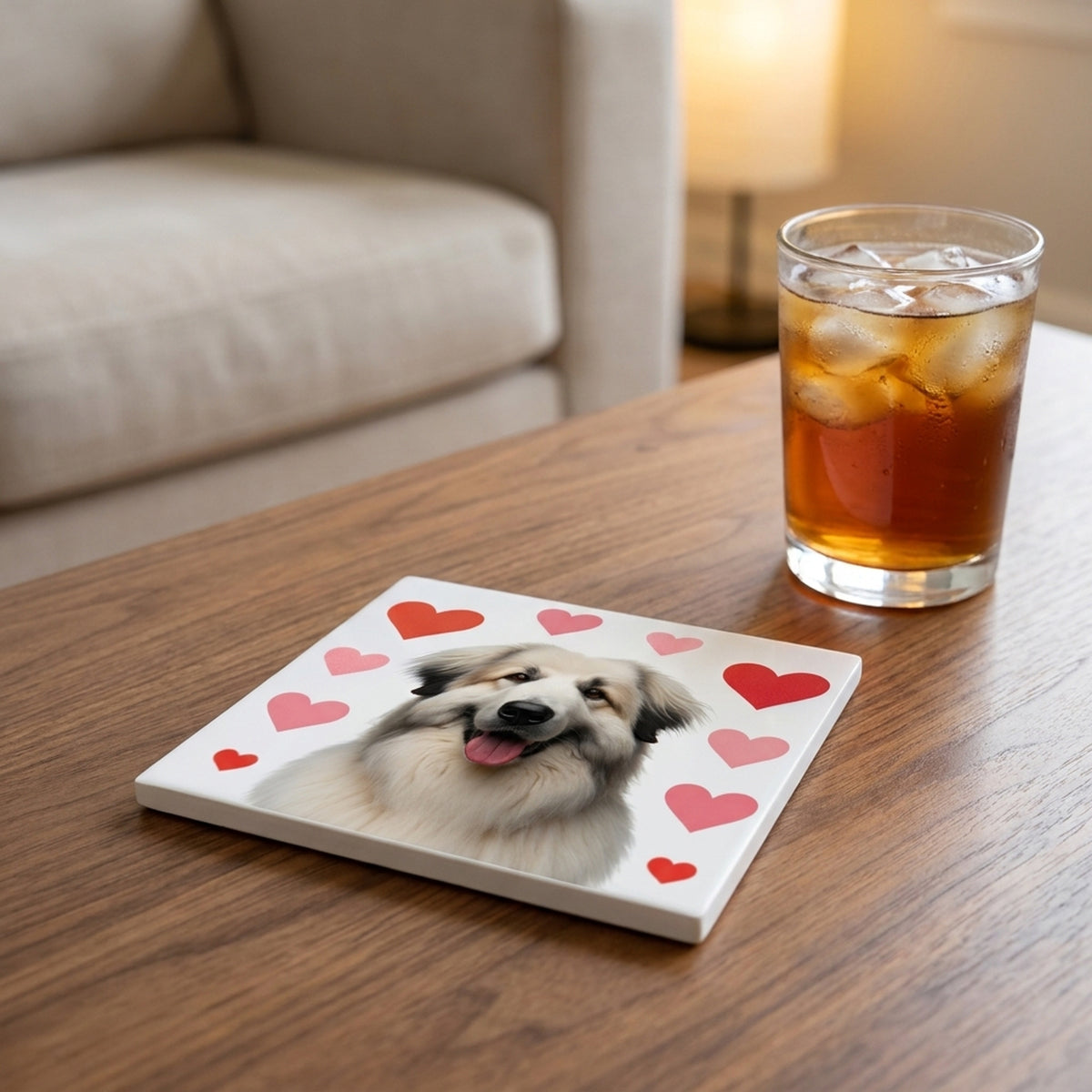 Great Pyrenees ceramic coasters set of 4, lifestyle