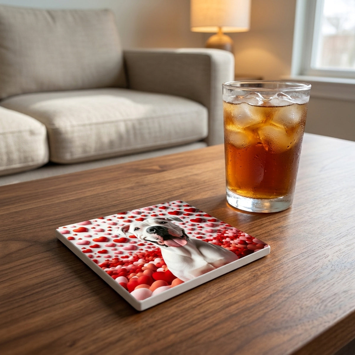 Dogo Argentino ceramic coasters set of 4, lifestyle