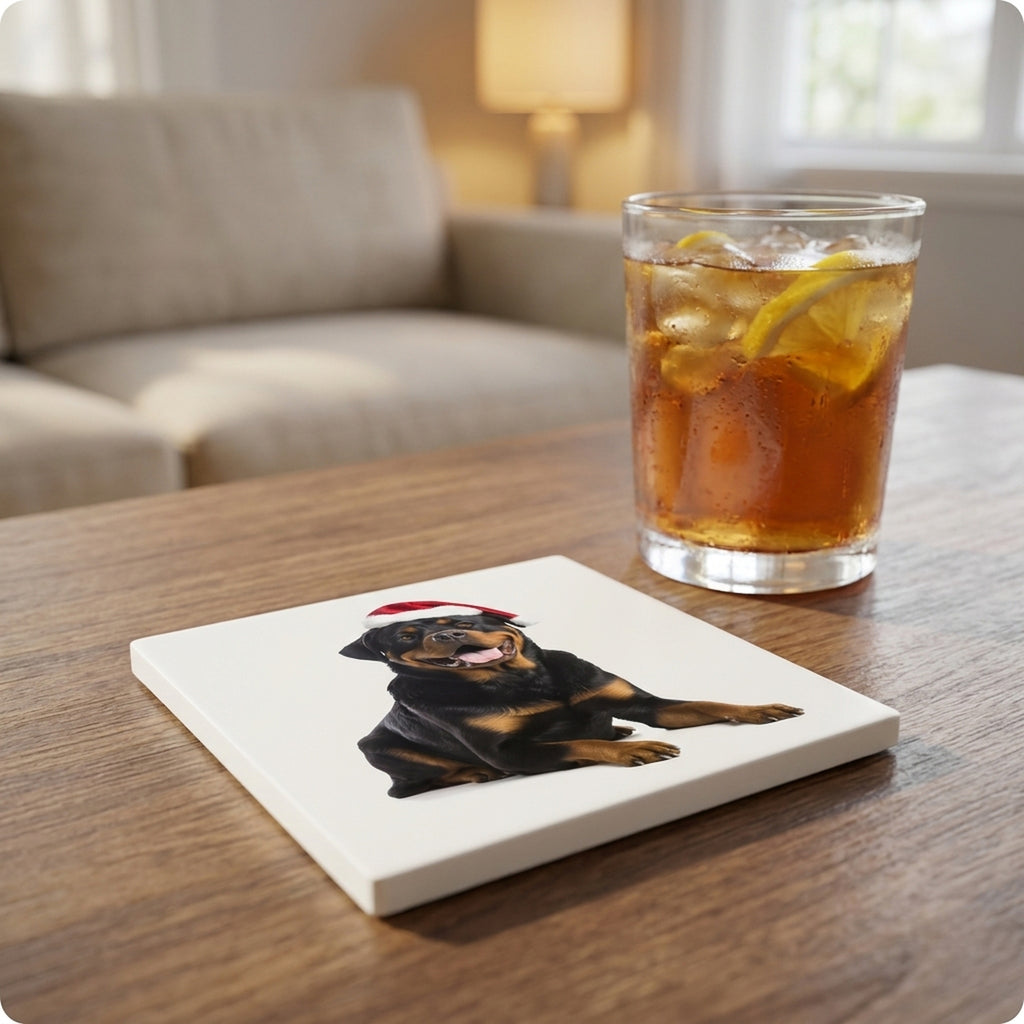 Rottweiler ceramic coasters set of 4, lifestyle