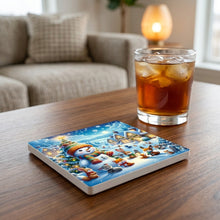 Winter Snowman Village ceramic coasters set of 4, lifestyle