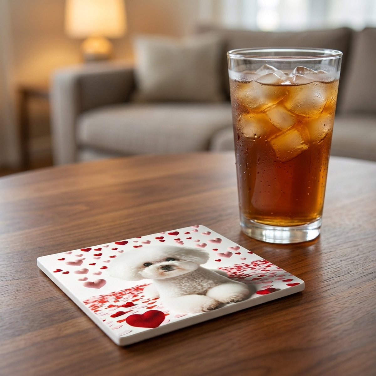 Bichon Frise ceramic coasters set of 4, lifestyle