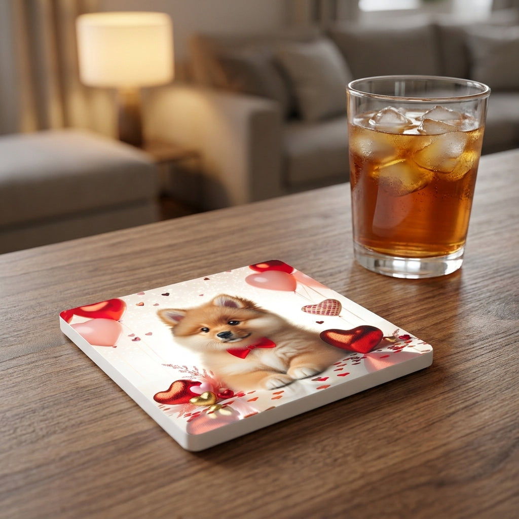 Pomeranian ceramic coasters set of 4, lifestyle
