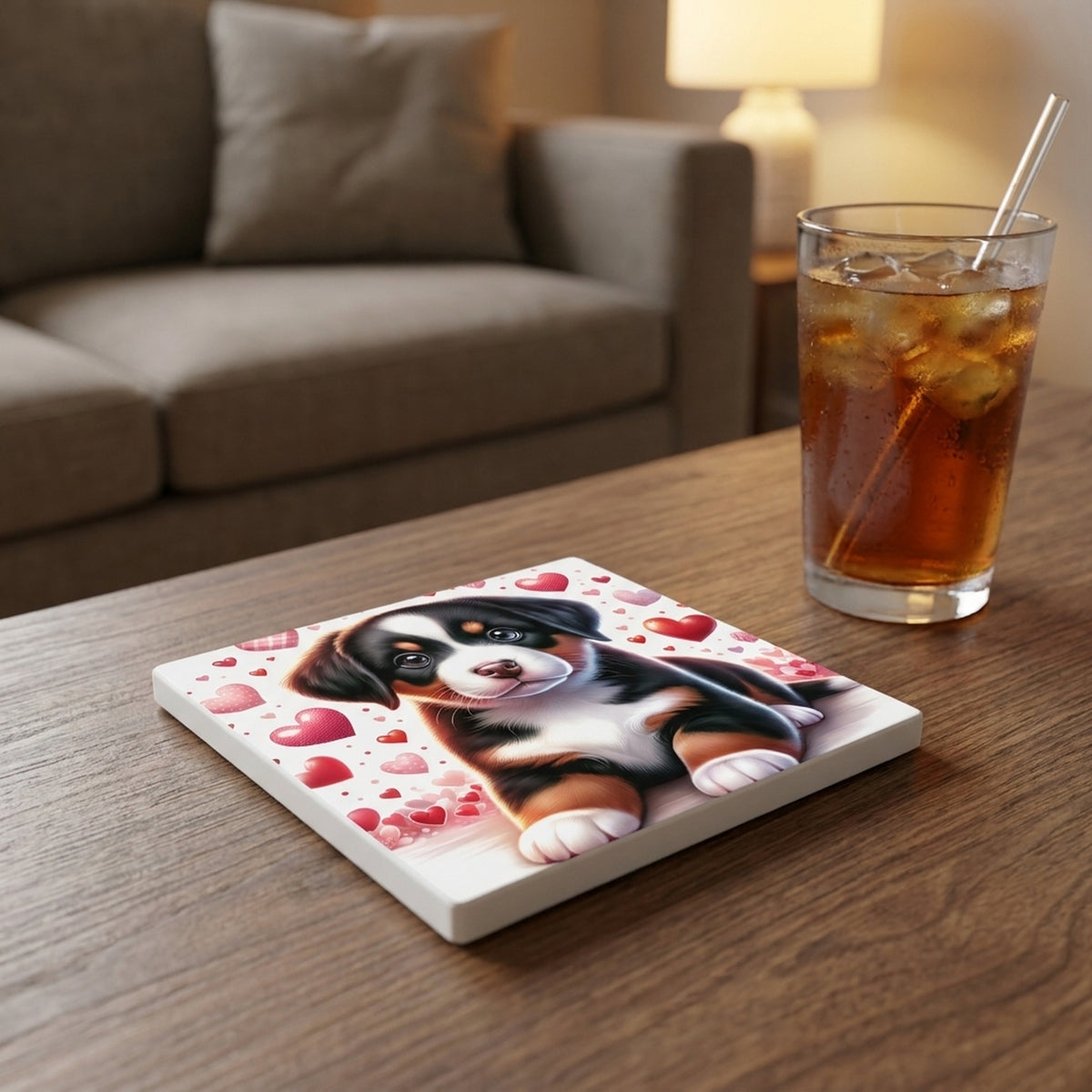 Bernese Mountain Dog ceramic coasters set of 4, lifestyle